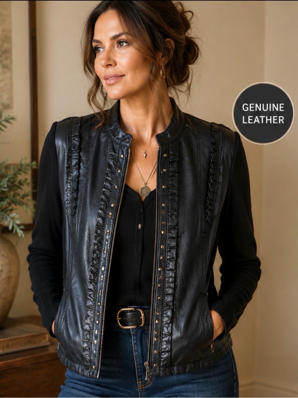 Peter Nygard Black Genuine‎ Leather Knit Jacket Studded Ruffle Moto Y2K
